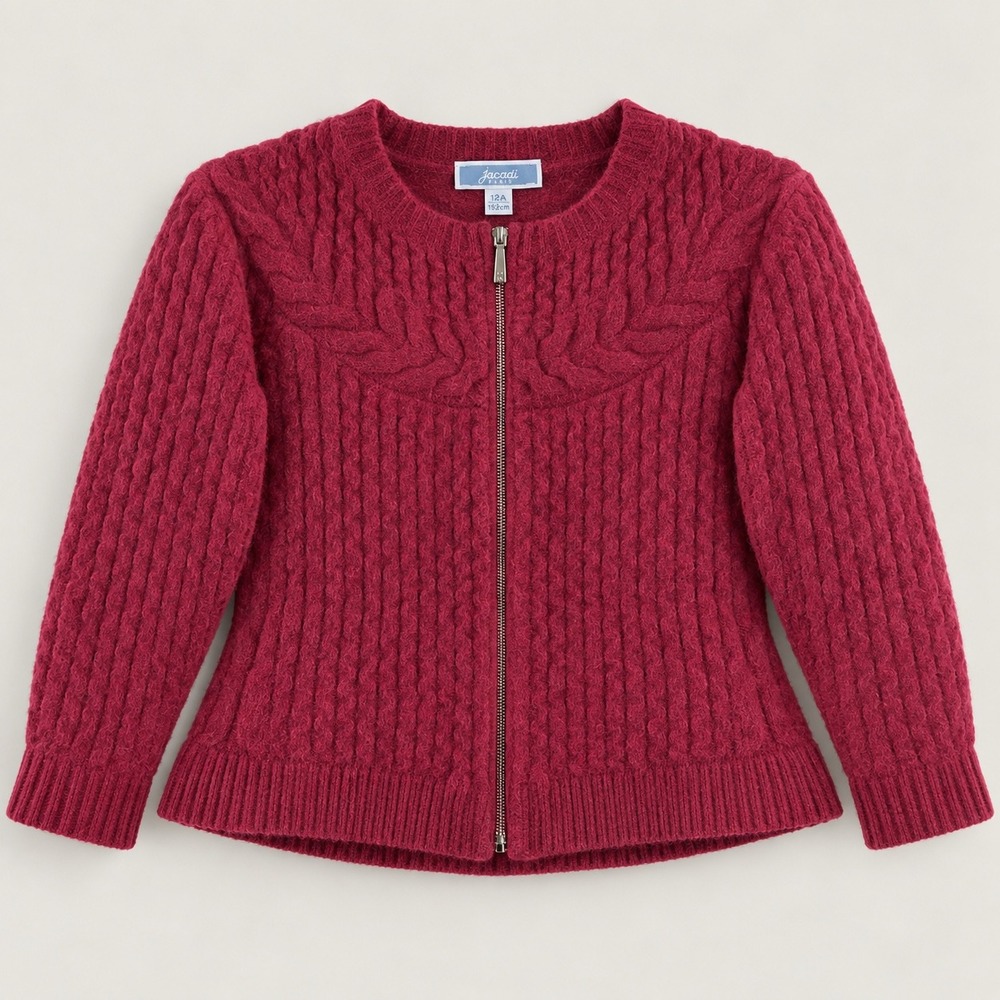 Jacadi Paris Wool Girls Raspberry Red Cable-Knit Zip Cardigan Sweater Size 12